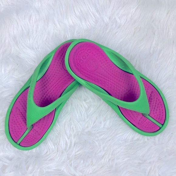 CROCS Shoes Croc Athens Flip Flops Greenwith Pink Footbed Size 7